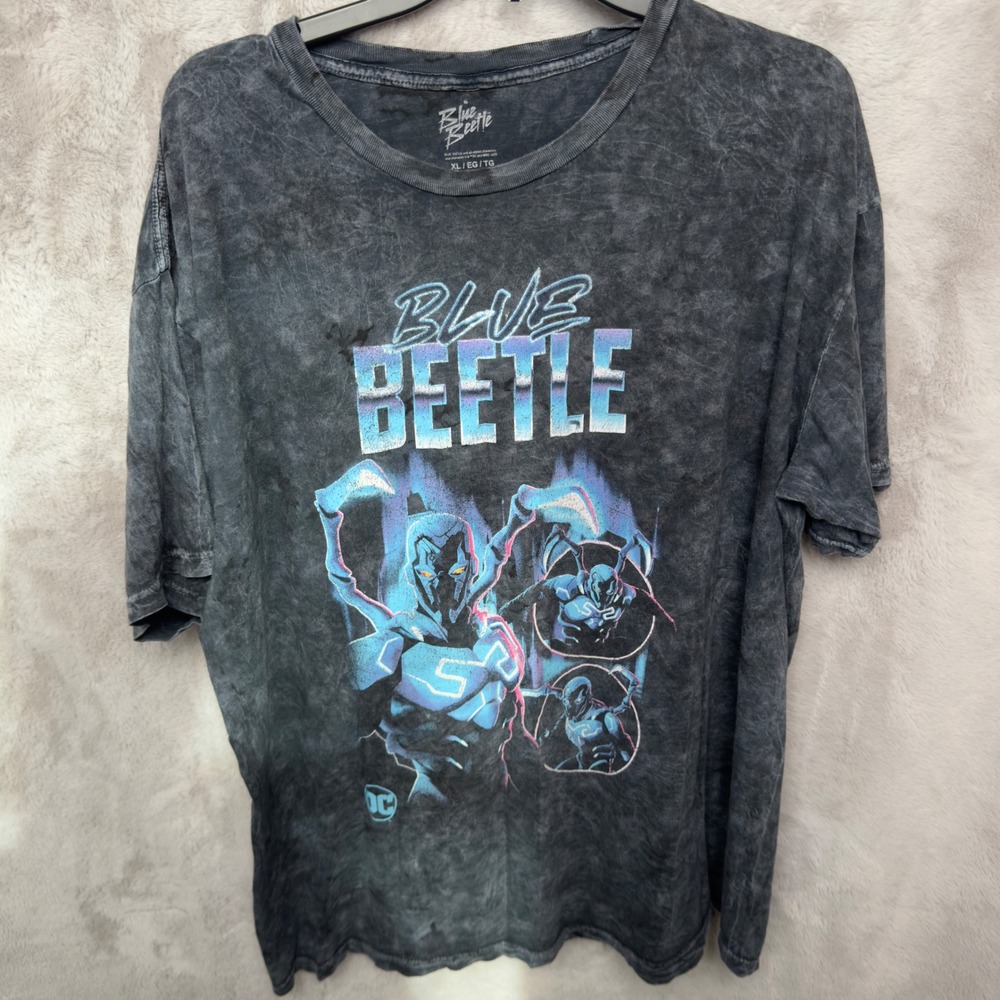 DC Comics‎ Graphic T Shirt Mens XL Black Acid Wash Blue Beetle Streetwear Y2K